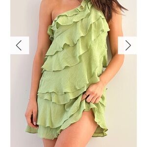Asymmetrical One-Shoulder Ruffle Mini Dress in Light Green